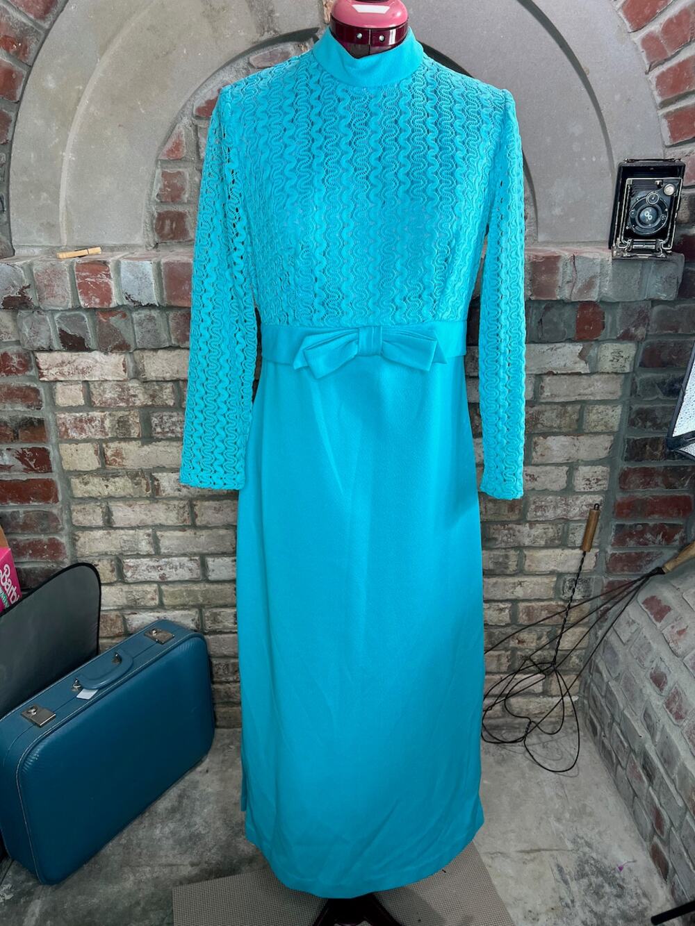 Maxi Dress high neck sheer lace sleeves 1960s high neck bow